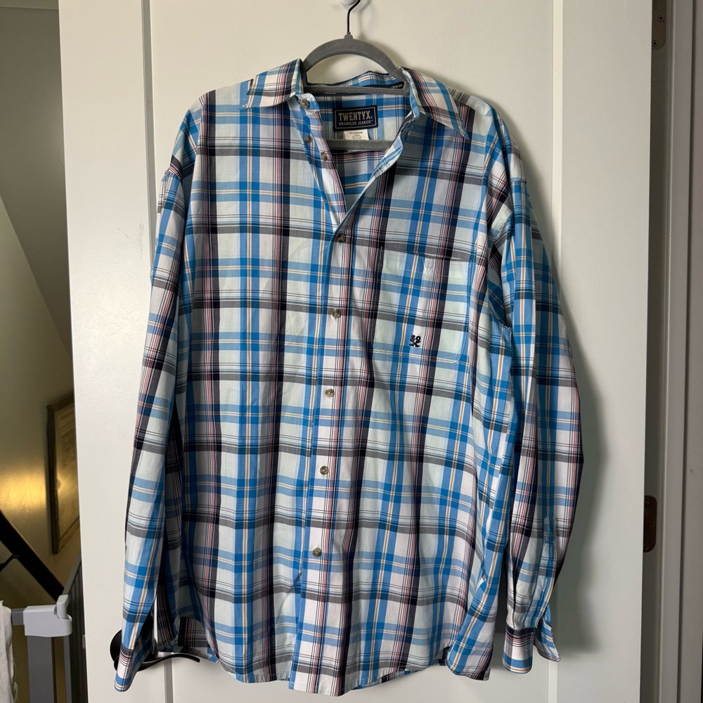 Wrangler TwentyX Mens Blue White Plaid‎ Cotton Dress Shirt Western Button Down L